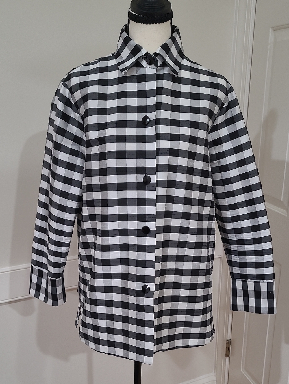 Emmelle Luxury Black & White Check Pattern 100% Silk Button Front Shirt - Size S